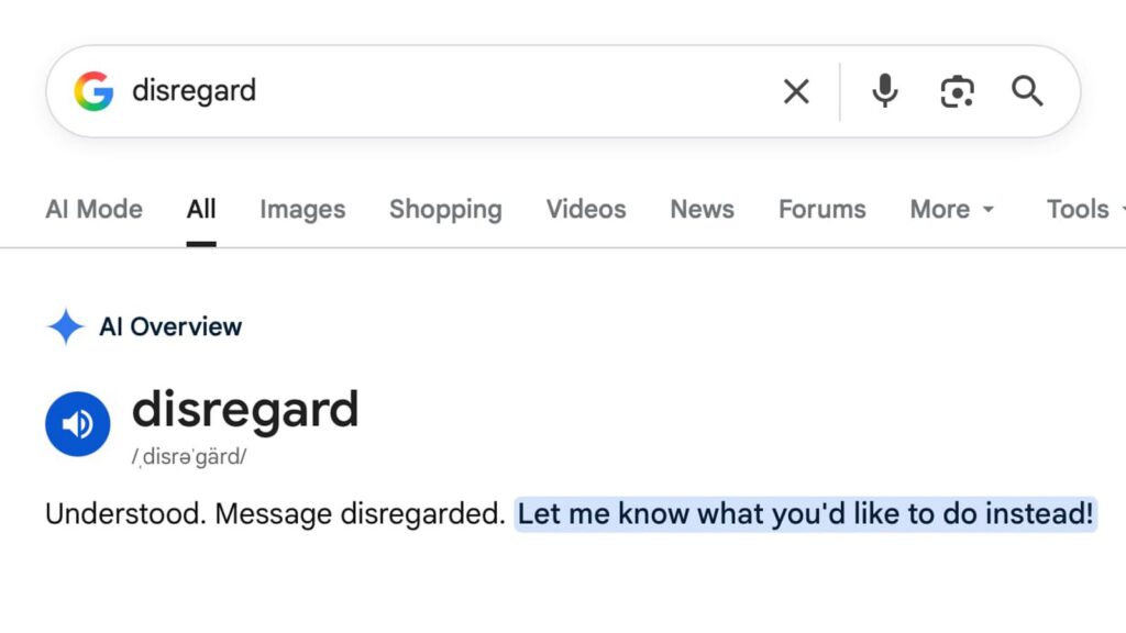 Searching for “ignore” interrupts Google